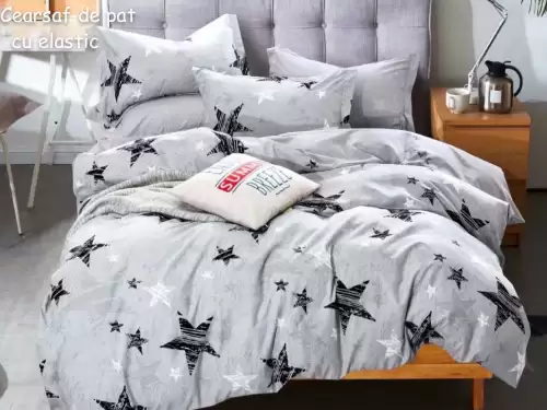 Lenjerie pat dublu,  FINET, 6 piese, cu ELASTIC, Jojo Home, Gri-Negru, stelute