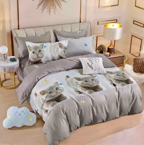 Lenjerie pat dublu,  FINET, 6 piese, cu ELASTIC, Jojo Home, Gri, pisicute, fluturasi