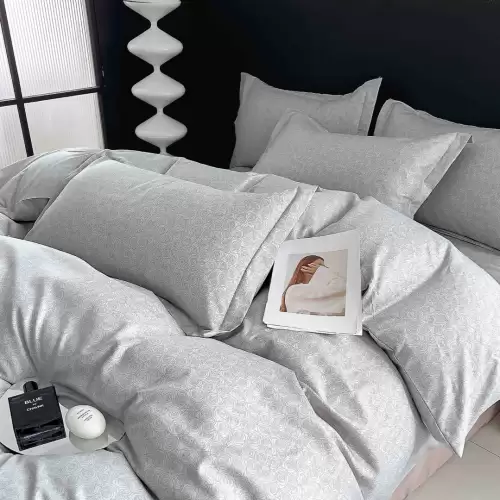 Lenjerie pat dublu,  FINET, 6 piese, cu ELASTIC, Jojo Home, Gri, trandafiri