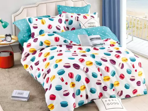 Lenjerie pat dublu,  FINET, 6 piese, cu ELASTIC, Jojo Home, Multicolor, macarons