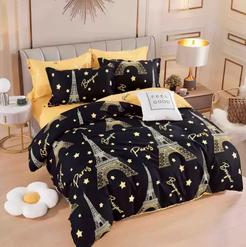 Lenjerie pat dublu, FINET, 6 piese, cu ELASTIC, Jojo Home, Negru, Turnul Eiffel, Paris, stelute