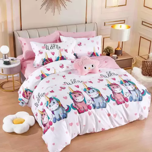 Lenjerie pat dublu, FINET, 6 piese, cu ELASTIC, Jojo Home, Roz, unicorni, inimioare