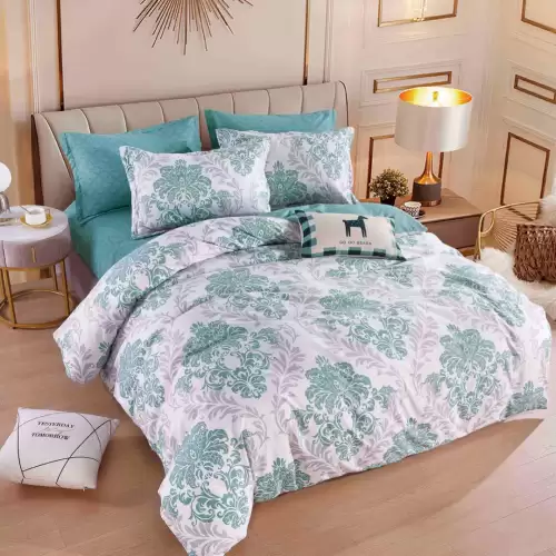 Lenjerie pat dublu,  FINET, 6 piese, cu ELASTIC, Jojo Home, Turquoise, model oriental