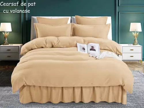 Lenjerie pat dublu,  FINET, 6 piese, cu volanase, Jojo Home, Bej