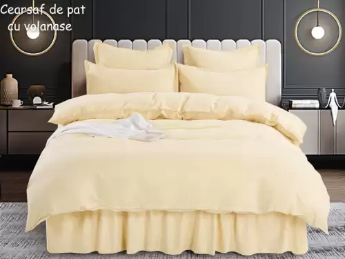Lenjerie pat dublu,  FINET, 6 piese, cu volanase, Jojo Home, Crem