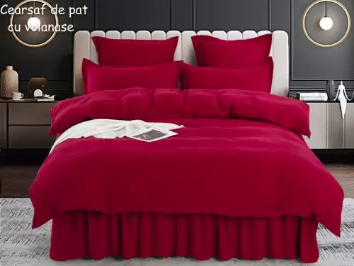 Lenjerie pat dublu,  FINET, 6 piese, cu volanase, Jojo Home, Visiniu