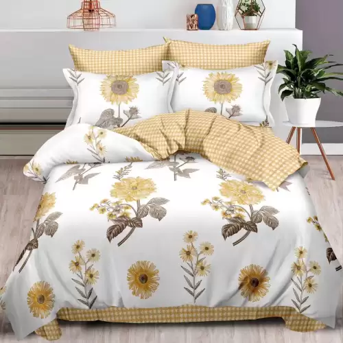 Lenjerie pat dublu, Finet, 6 piese, Galben, flori