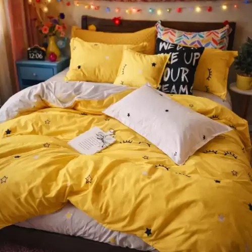 Lenjerie pat dublu, Finet, 6 piese, Galben, gene, stelute