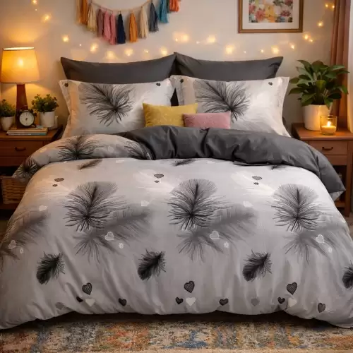 Lenjerie pat dublu, Finet, 6 piese, Gri, Alb, Negru, pene