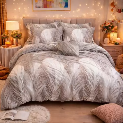 Lenjerie pat dublu, Finet, 6 piese, Gri, Bej, pene