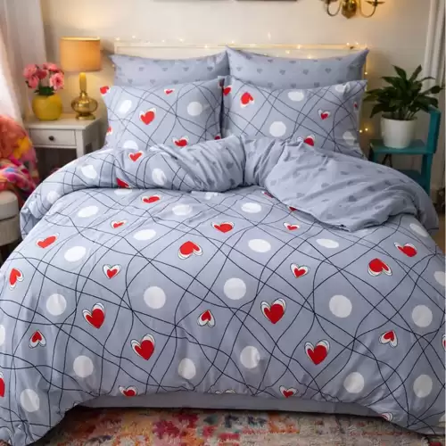 Lenjerie pat dublu, Finet, 6 piese, Gri, inimioare, buline