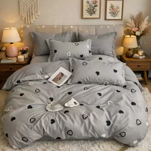 Lenjerie pat dublu, Finet, 6 piese, Gri, inimioare