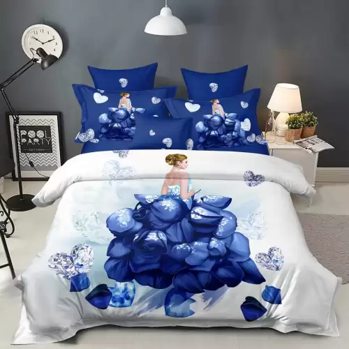 Lenjerie pat dublu, FINET, 6 piese, IDENTICA CU POZA, Albastru, flori