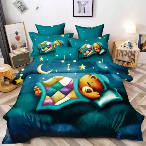 Lenjerie pat dublu, FINET, 6 piese, IDENTICA CU POZA, Albastru, Trucuaz, ursulet