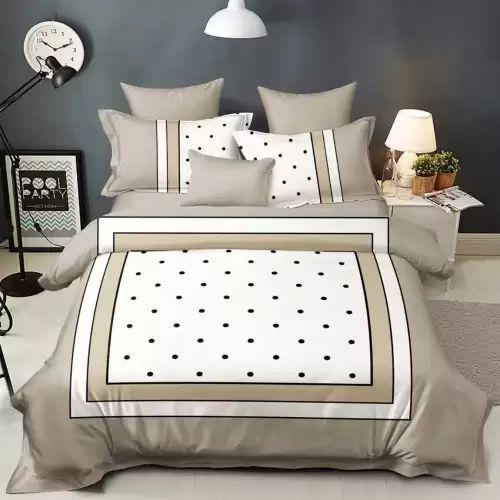 Lenjerie pat dublu, FINET, 6 piese, IDENTICA CU POZA, Bej, Alb, elegant