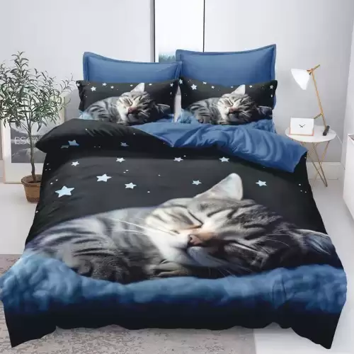 Lenjerie pat dublu, FINET, 6 piese, IDENTICA CU POZA, Negur, Albastru, pisicuta