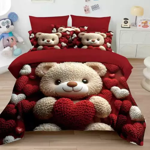Lenjerie pat dublu, FINET, 6 piese, IDENTICA CU POZA, Rosu, ursulet