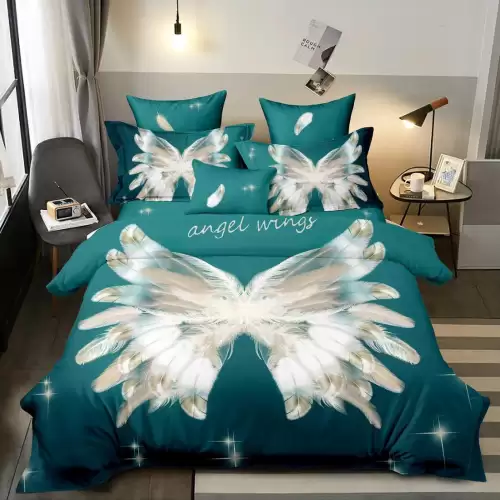 Lenjerie pat dublu, FINET, 6 piese, IDENTICA CU POZA, Verde, aripi de inger