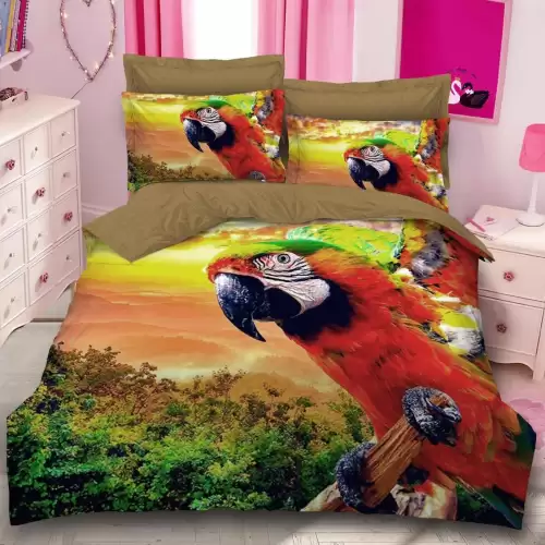 Lenjerie pat dublu, FINET, 6 piese, IDENTICA CU POZA, Verde, papagal