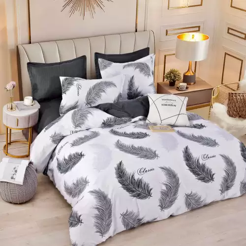 Lenjerie pat dublu,  FINET, 6 piese, Jojo Home, Alb-Gri, pene