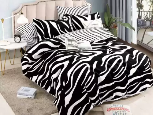 Lenjerie pat dublu,  FINET, 6 piese, Jojo Home, Alb-Negru, animal print