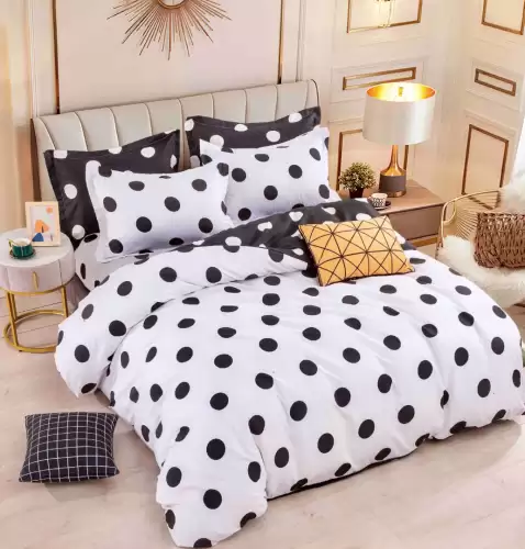 Lenjerie pat dublu, FINET, 6 piese, Jojo Home, Alb, Negru, Buline