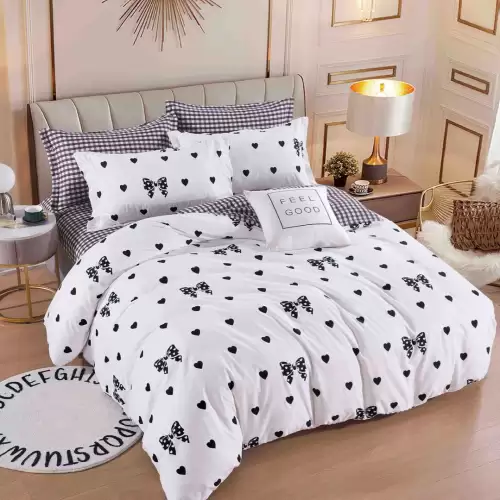 Lenjerie pat dublu, FINET, 6 piese, Jojo Home, Alb-Negru, inimioare, fundite