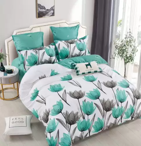 Lenjerie pat dublu, FINET, 6 piese, Jojo Home, Alb, Turquoise, Lalele