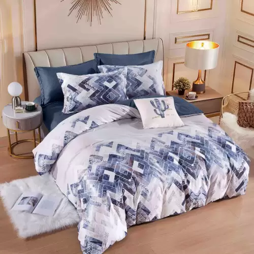 Lenjerie pat dublu,  FINET, 6 piese, Jojo Home, Albastru, forme geometrice