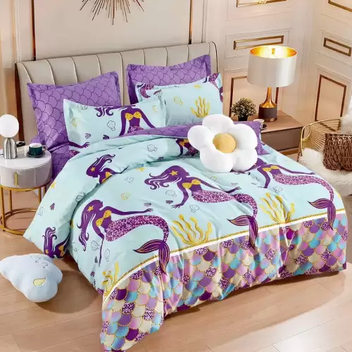 Lenjerie pat dublu,  FINET, 6 piese, Jojo Home, Bleu, Mov, sirene