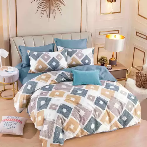 Lenjerie pat dublu, FINET, 6 piese, Jojo Home, Crem, Albastru, romburi