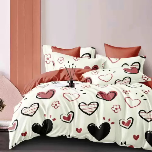 Lenjerie pat dublu, FINET, 6 piese, Jojo Home, Crem, inimioare