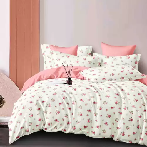 Lenjerie pat dublu, FINET, 6 piese, Jojo Home, Crem, Roz, Floricele
