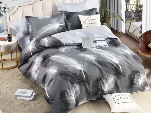 Lenjerie pat dublu, FINET, 6 piese, Jojo Home, Gri-Alb, pene