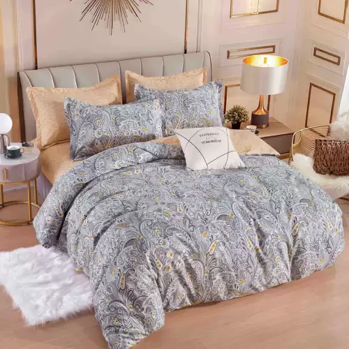 Lenjerie pat dublu, FINET, 6 piese, Jojo Home, Gri, model floral