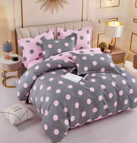 Lenjerie pat dublu,  FINET, 6 piese, Jojo Home, Gri, Roz, Buline