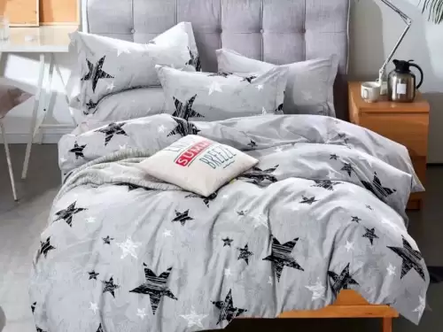 Lenjerie pat dublu,  FINET, 6 piese, Jojo Home, Gri, stelute