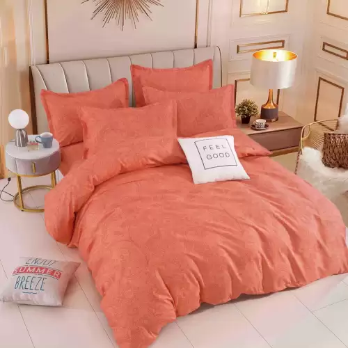 Lenjerie pat dublu, FINET, 6 piese, Jojo Home, Portocaliu, model floral