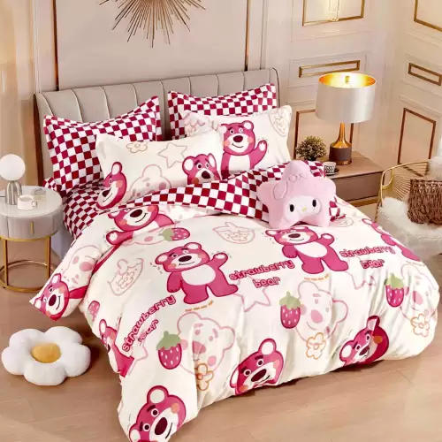 Lenjerie pat dublu,  FINET, 6 piese, Jojo Home, Roz, ursuleti, capsune