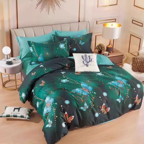 Lenjerie pat dublu, FINET, 6 piese, Jojo Home, Verde, fluturi