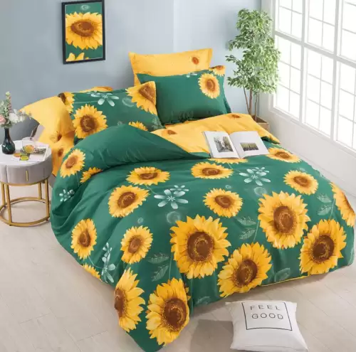 Lenjerie pat dublu,  FINET, 6 piese, Jojo Home, Verde, Galben, flori