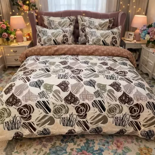 Lenjerie pat dublu, Finet, 6 piese, Maro, inimioare