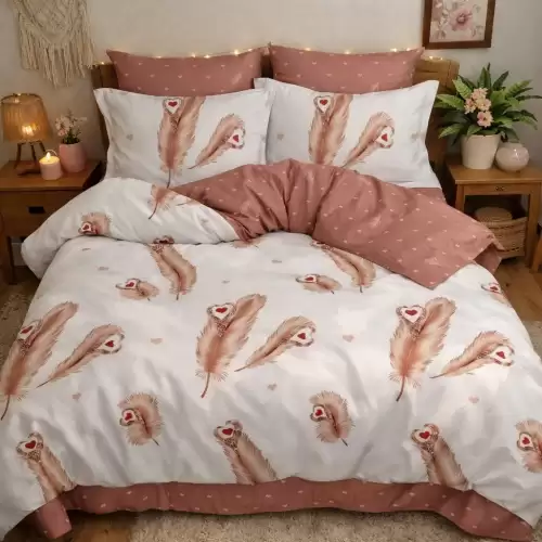 Lenjerie pat dublu, Finet, 6 piese, Maro, pene, inimioare