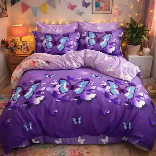 Lenjerie pat dublu, Finet, 6 piese, Mov, fluturi