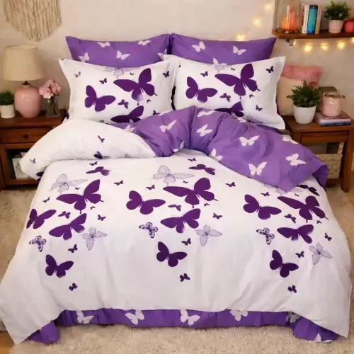 Lenjerie pat dublu, Finet, 6 piese, Mov, fluturi