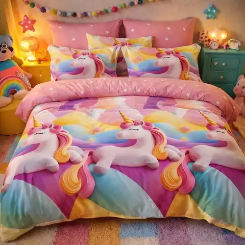 Lenjerie pat dublu, Finet, 6 piese, Multicolor, unicorni