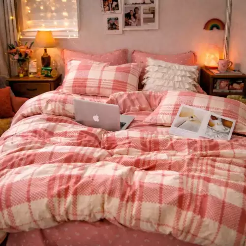 Lenjerie pat dublu, Finet, 6 piese, Roz, carouri