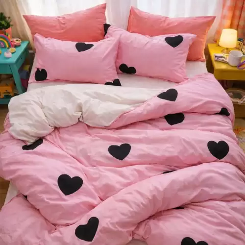Lenjerie pat dublu, Finet, 6 piese, Roz, inimioare