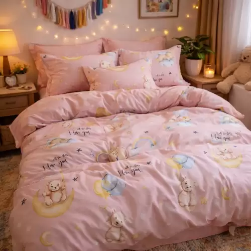 Lenjerie pat dublu, Finet, 6 piese, Roz, ursuleti