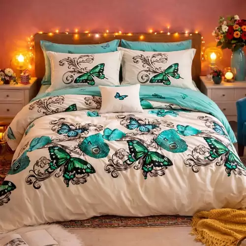 Lenjerie pat dublu, Finet, 6 piese, Turcuaz, fluturi